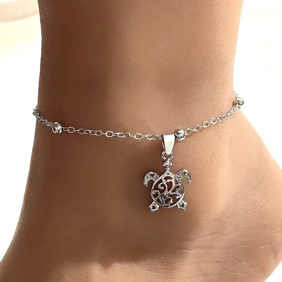 Sea Turtle Anklet Beads Dangle Beach Vacation Summer Fun Silver Boho Minimalist - Picture 1 of 4